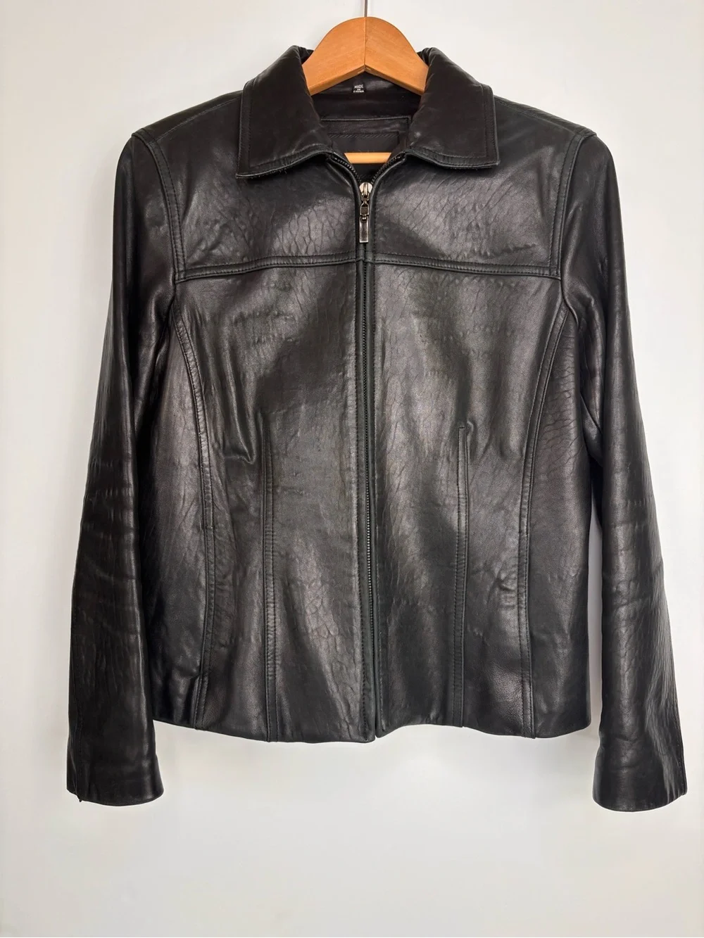 Avanti Black Leather Classic Minimalist 90’s Zip-Front Jacket